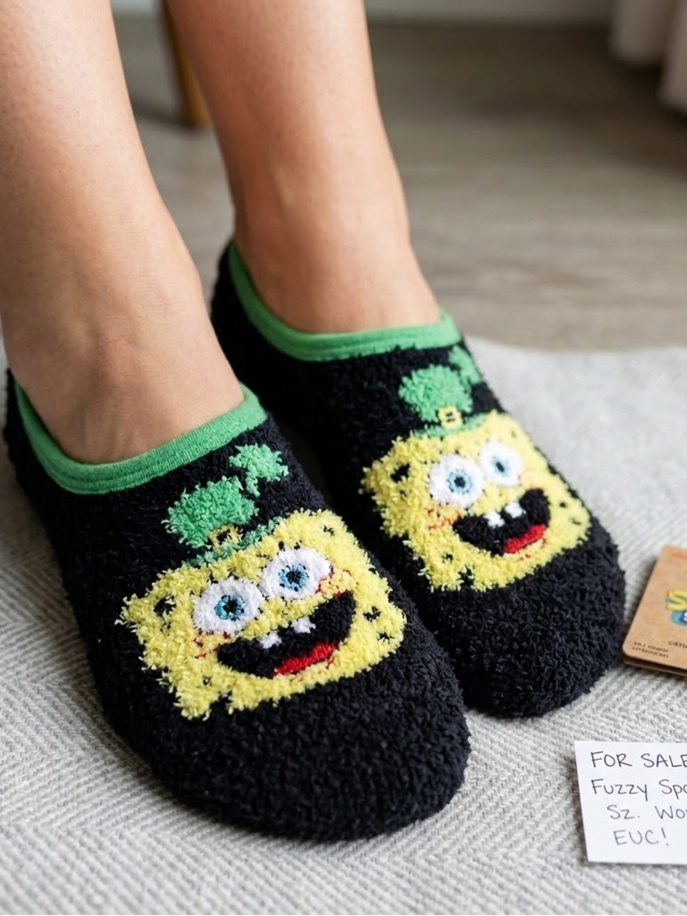 SpongeBob SquarePants Fuzzy No-Show Socks St. Patrick’s Day Irish Hat Black Wome